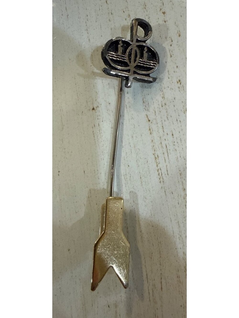 Vintage Silver & Gold-Tone Religious Stick Pin With Symbolic Candles Design